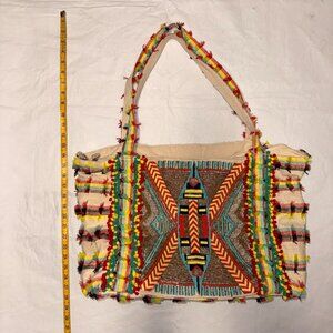America & Beyond Impala Aztec Hand Beaded Tote Bag Boho Fringed Large